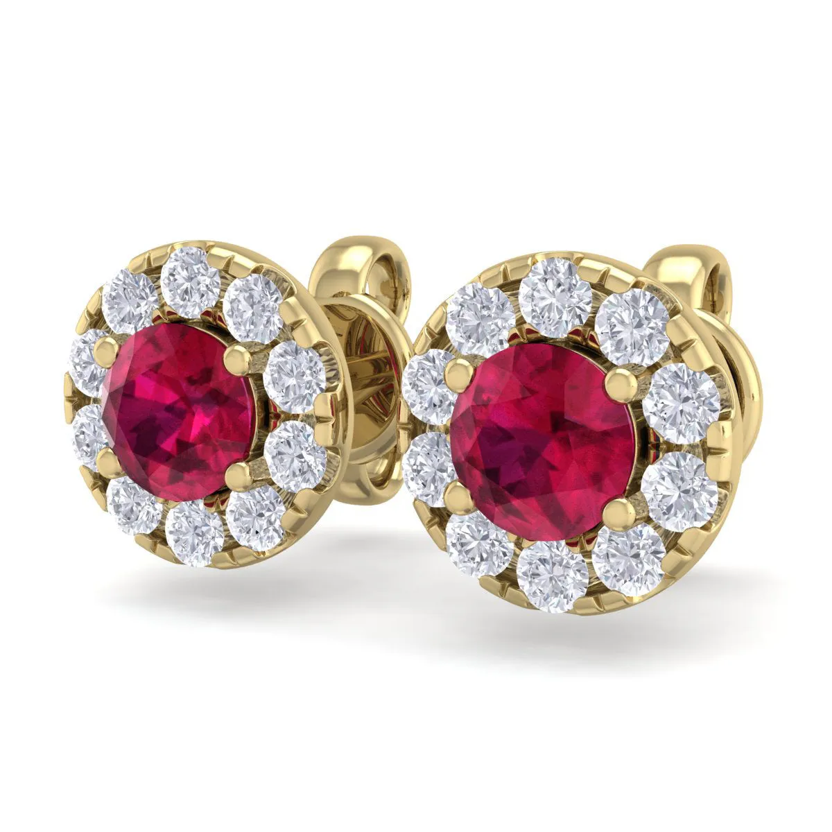 1 1/2 Carat Ruby And Diamond Halo Stud Earrings In 14 Karat Yellow Gold