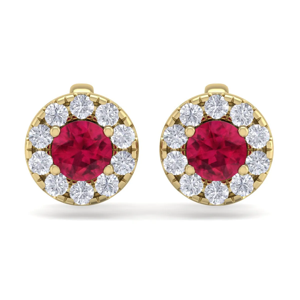 1 1/2 Carat Ruby And Diamond Halo Stud Earrings In 14 Karat Yellow Gold