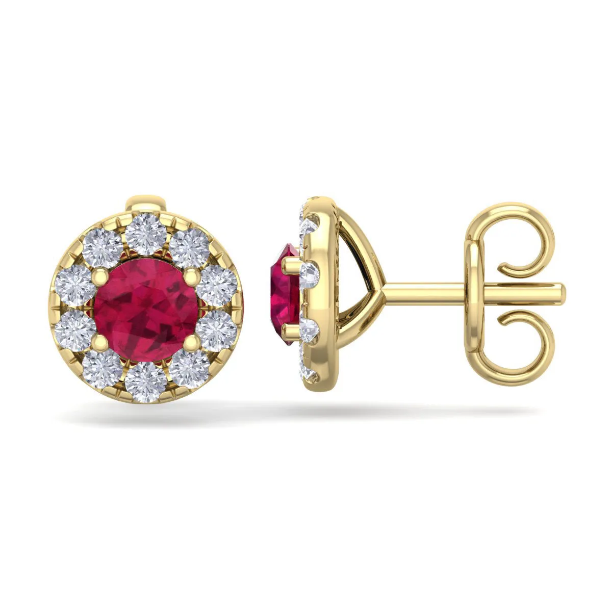 1 1/2 Carat Ruby And Diamond Halo Stud Earrings In 14 Karat Yellow Gold