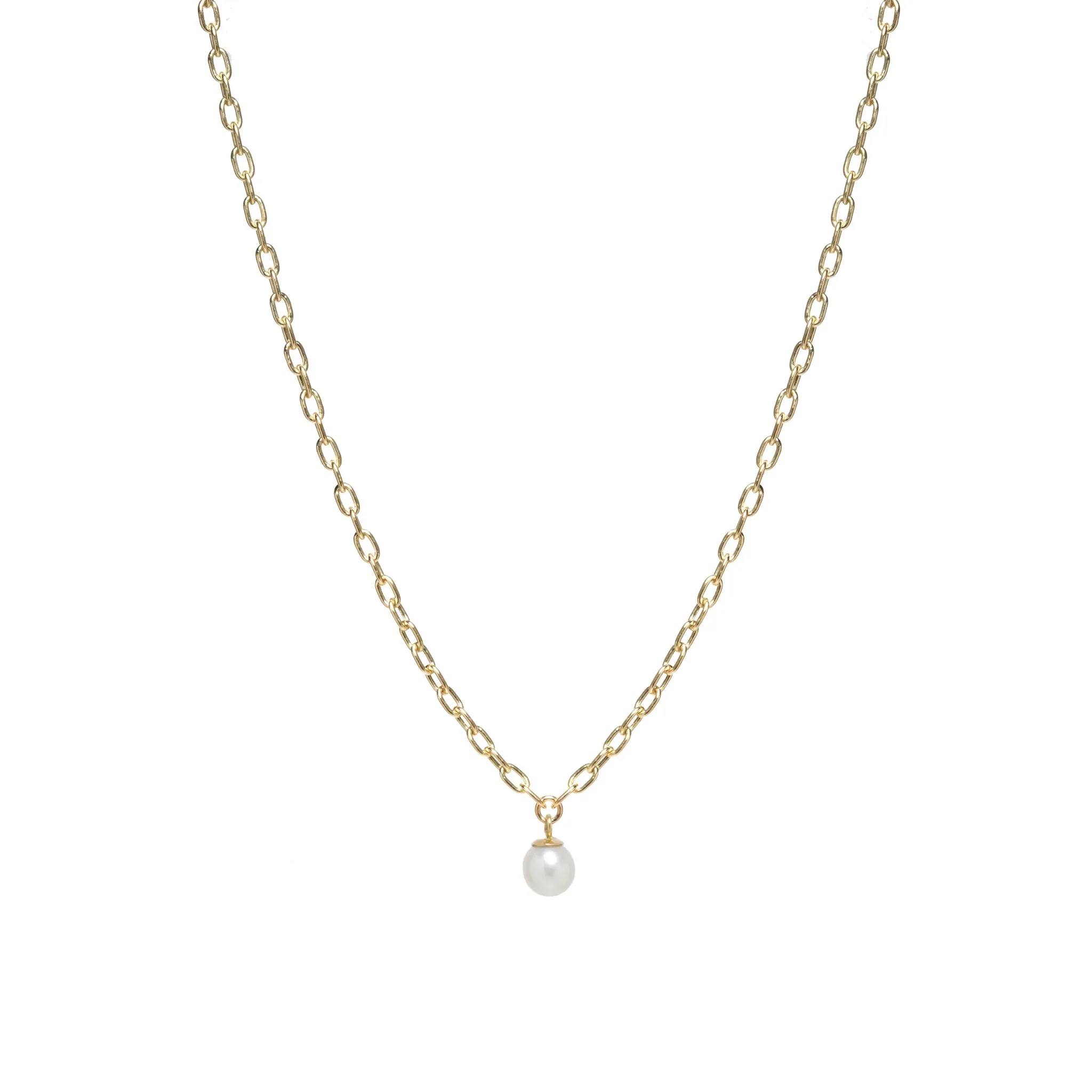 14k Small Square Oval Link Dangling Pearl Necklace