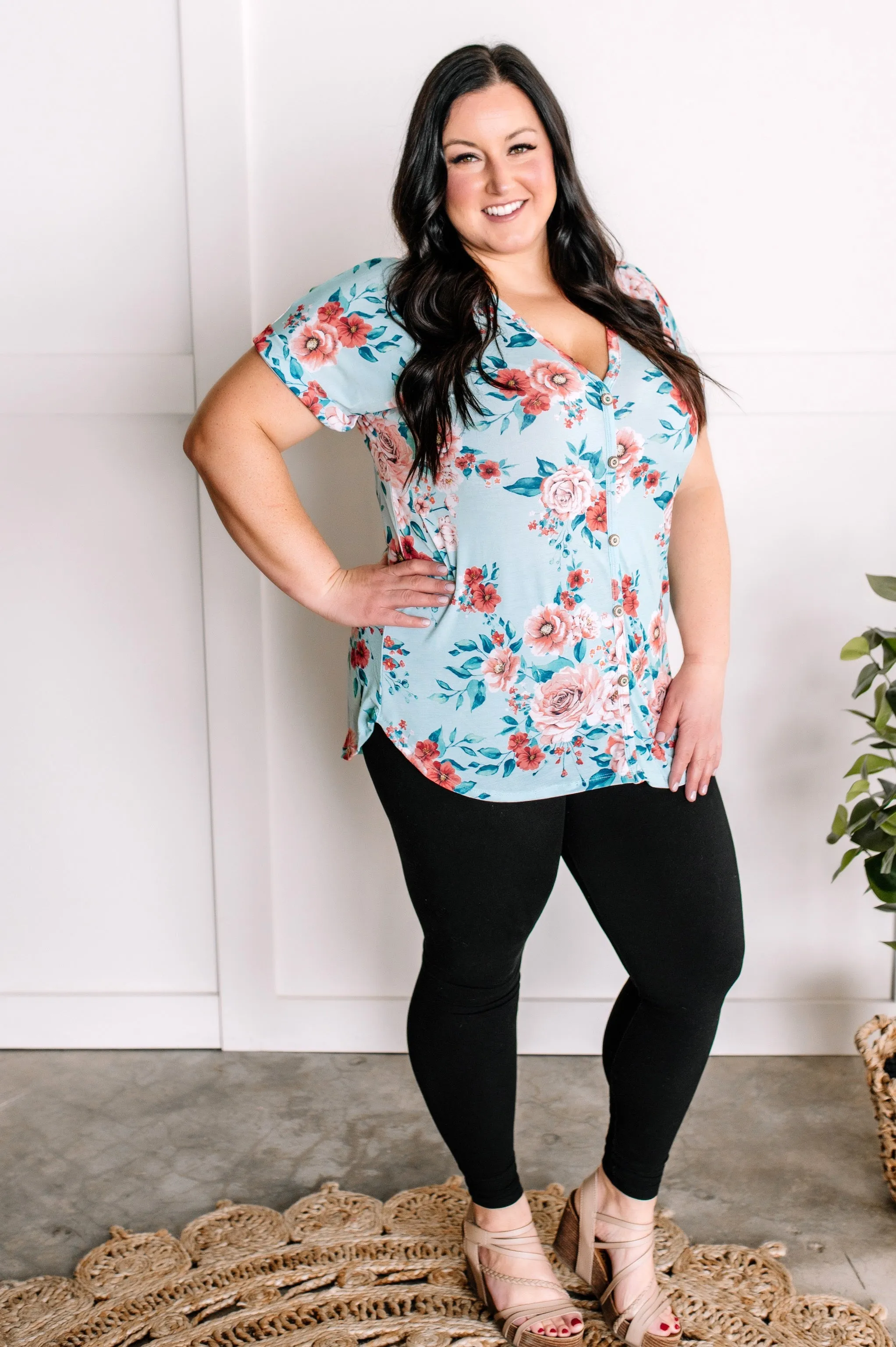 2.26 Decorative Button Front Top In Aqua Florals