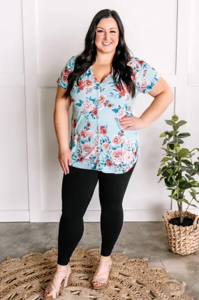 2.26 Decorative Button Front Top In Aqua Florals