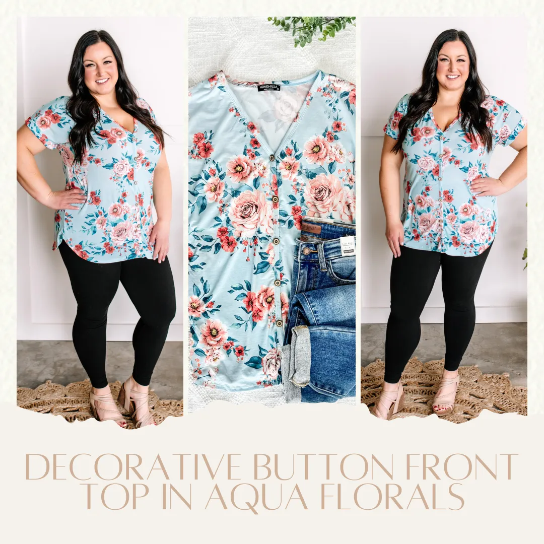 2.26 Decorative Button Front Top In Aqua Florals