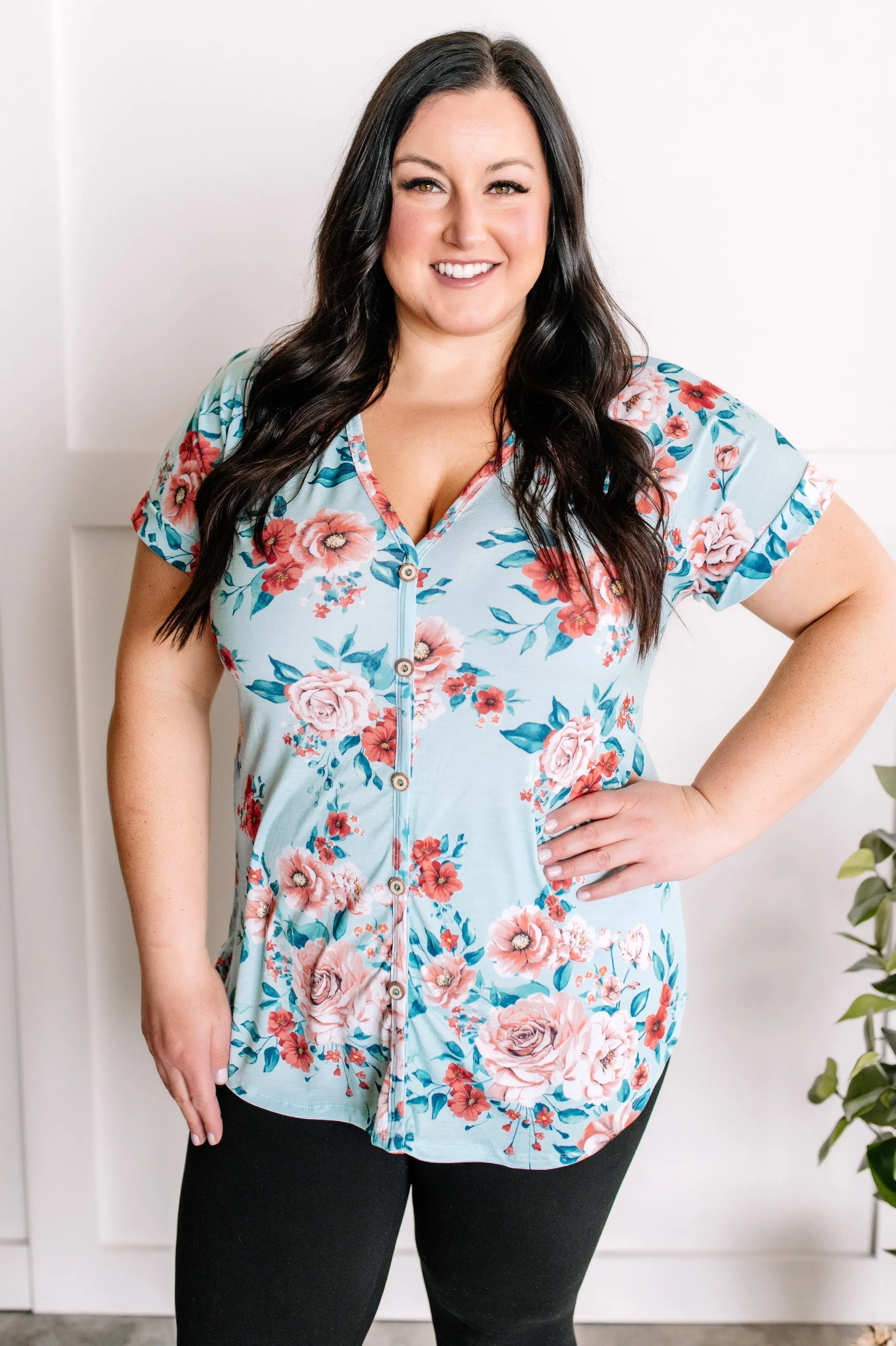 2.26 Decorative Button Front Top In Aqua Florals