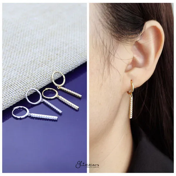 925 Sterling Silver Long Bar Drop Charm One-Touch Hoop Earrings