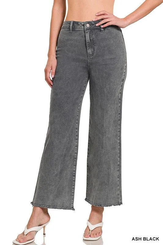 Acid Wash Frayed Cutoff Hem Straight Wide Pants