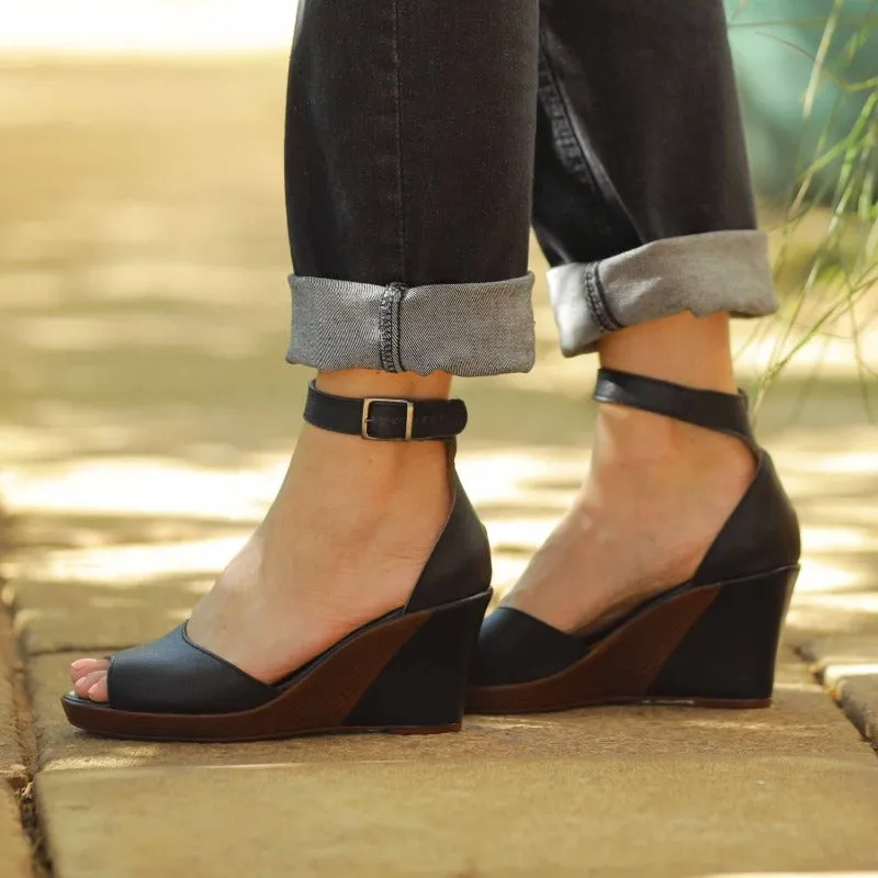 Ankle Strap Wedge Sandal in Black - 12422