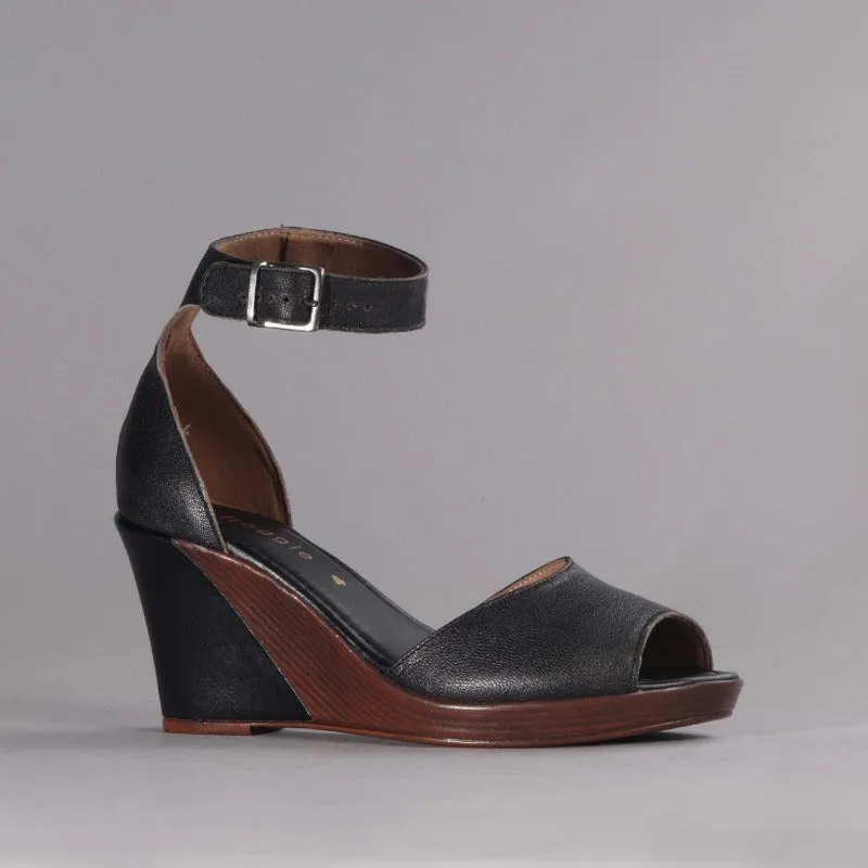 Ankle Strap Wedge Sandal in Black - 12422