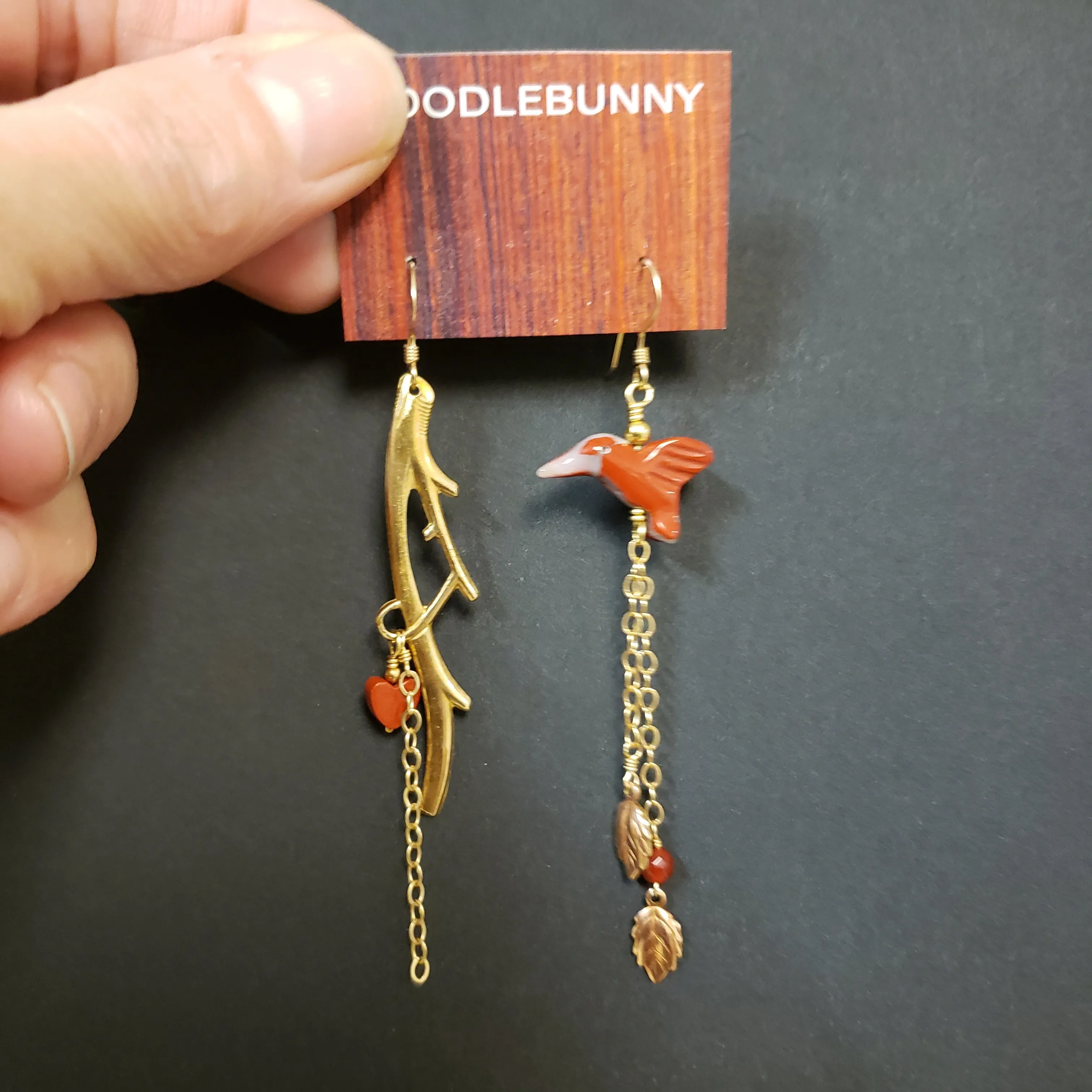 Asymmetric Twig Y Stone Bird Earrings - Mahogany Jasper