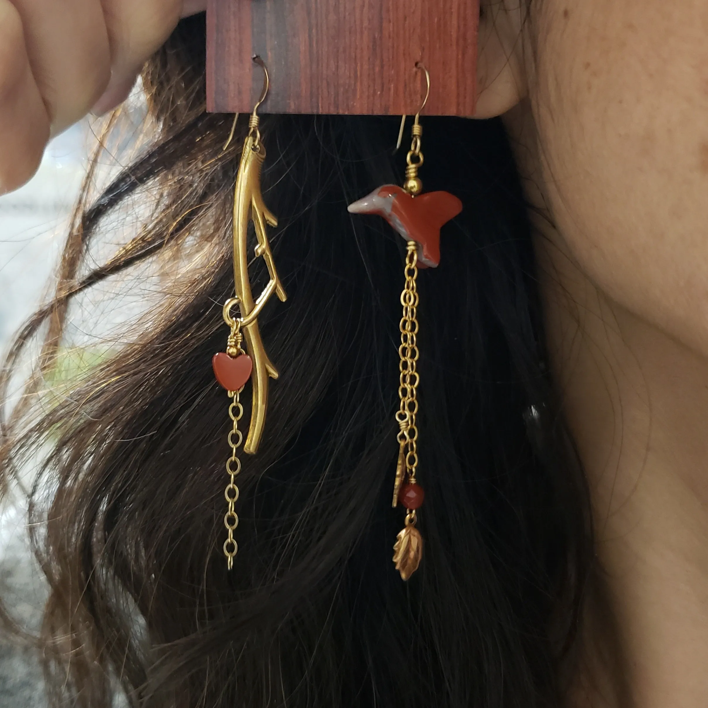 Asymmetric Twig Y Stone Bird Earrings - Mahogany Jasper