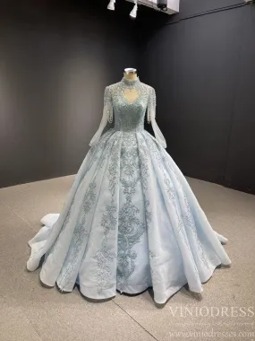 Beaded Light Blue Quince Dress High Neck Ball Gown with Sleeves viniodress