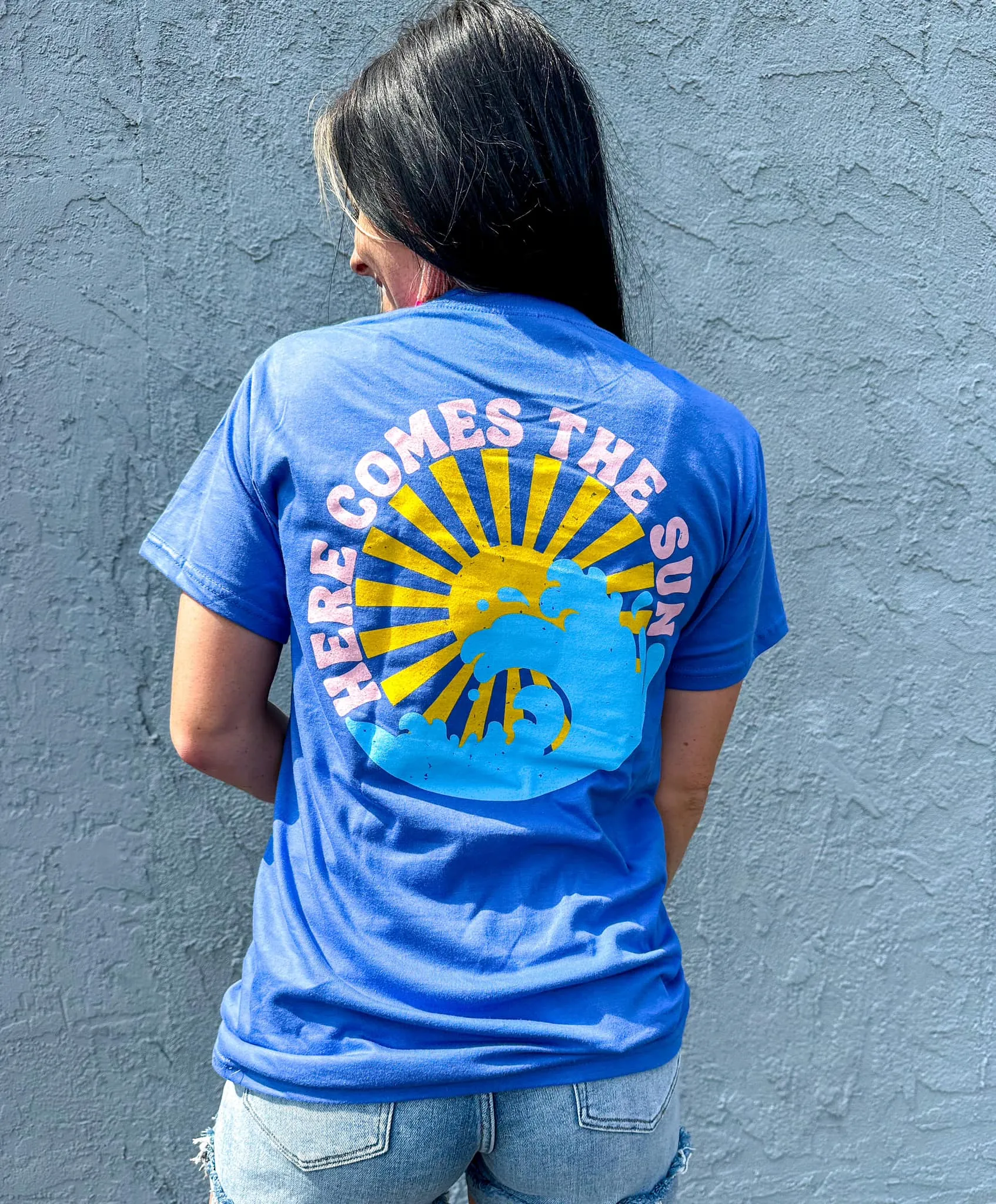 Blue {HERE COMES THE SUN} Front   Back Crew Neck Tee