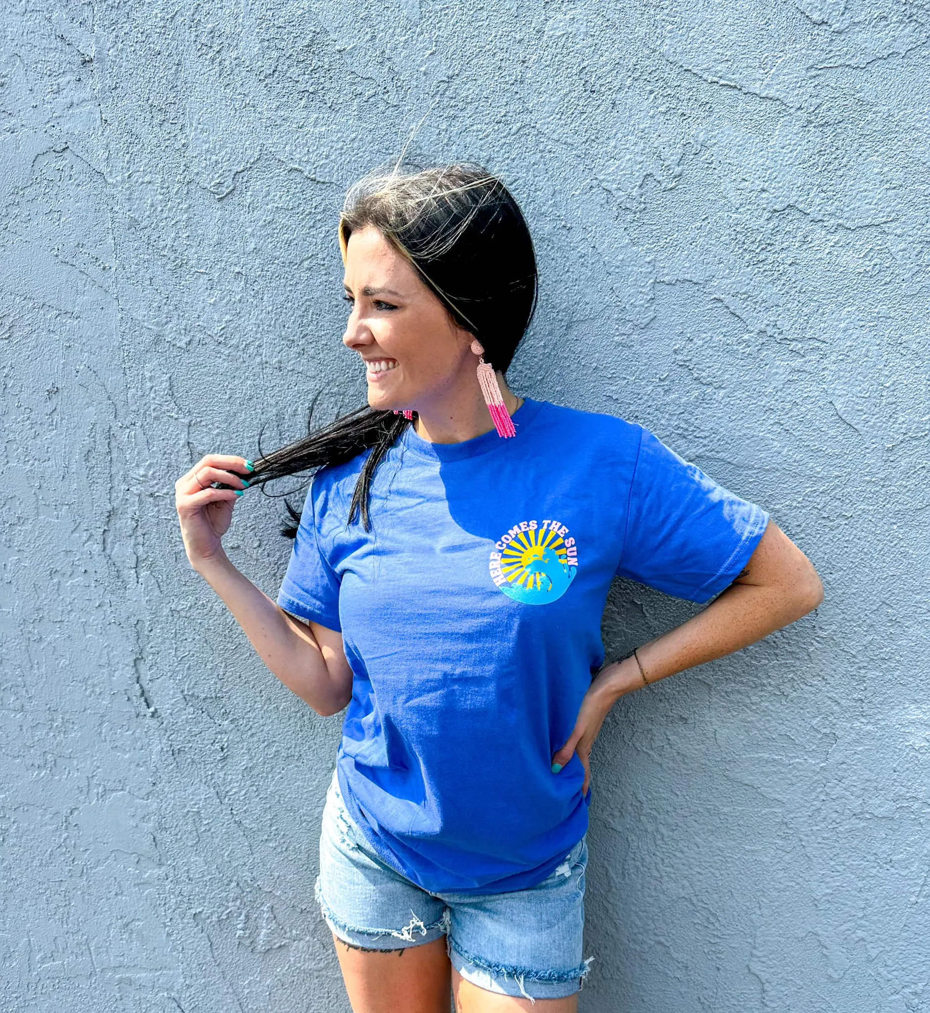 Blue {HERE COMES THE SUN} Front   Back Crew Neck Tee