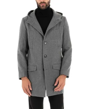 Cappotto Monopetto Uomo Giacca Giaccone Con Cappuccio Grigio Baronetto Elegante GIOSAL-G2722A