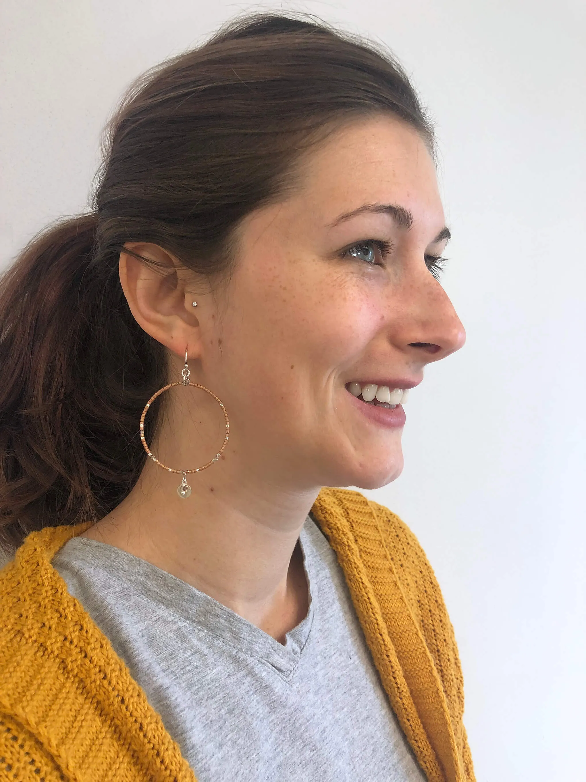 Chan Luu Silver Hoop Earrings in Copper Seed Beads with Dangle Charm