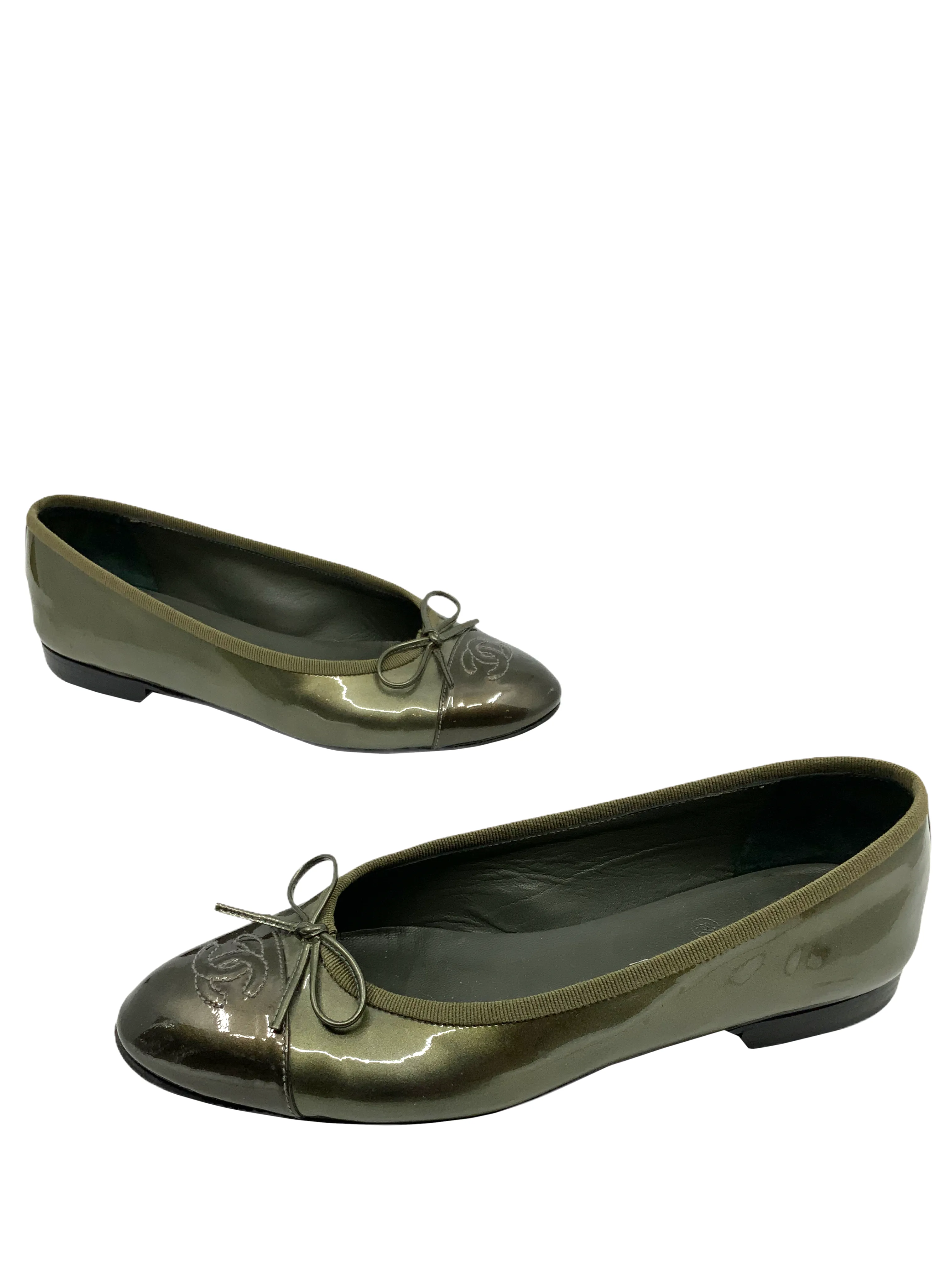 Chanel Patent Leather CC Cap Toe Ballet Flats Size 7