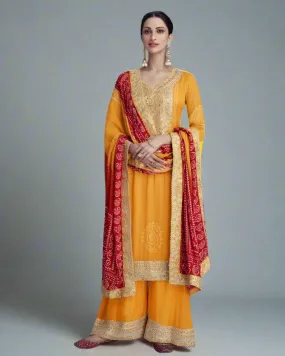 Chinon Silk Bandhani Printed Palazzo Suits Yellow