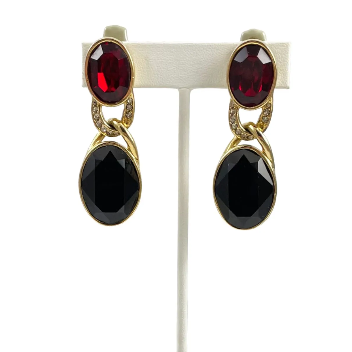 Ciner Red & Black Rhinestone Earrings Vintage