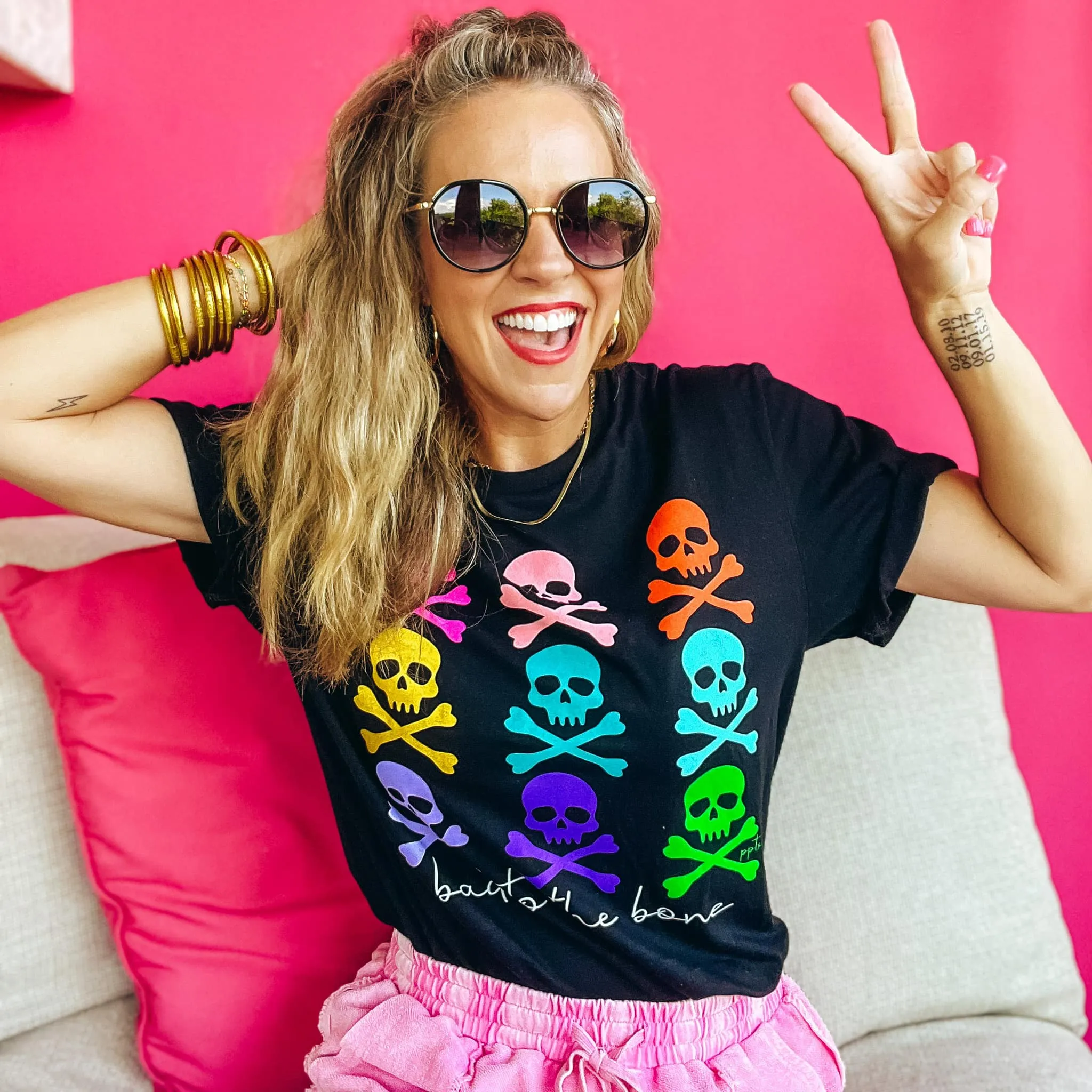 {COLORFUL SKULLS} Bad to the Bone Colorful Skull Black Crew Neck Tee