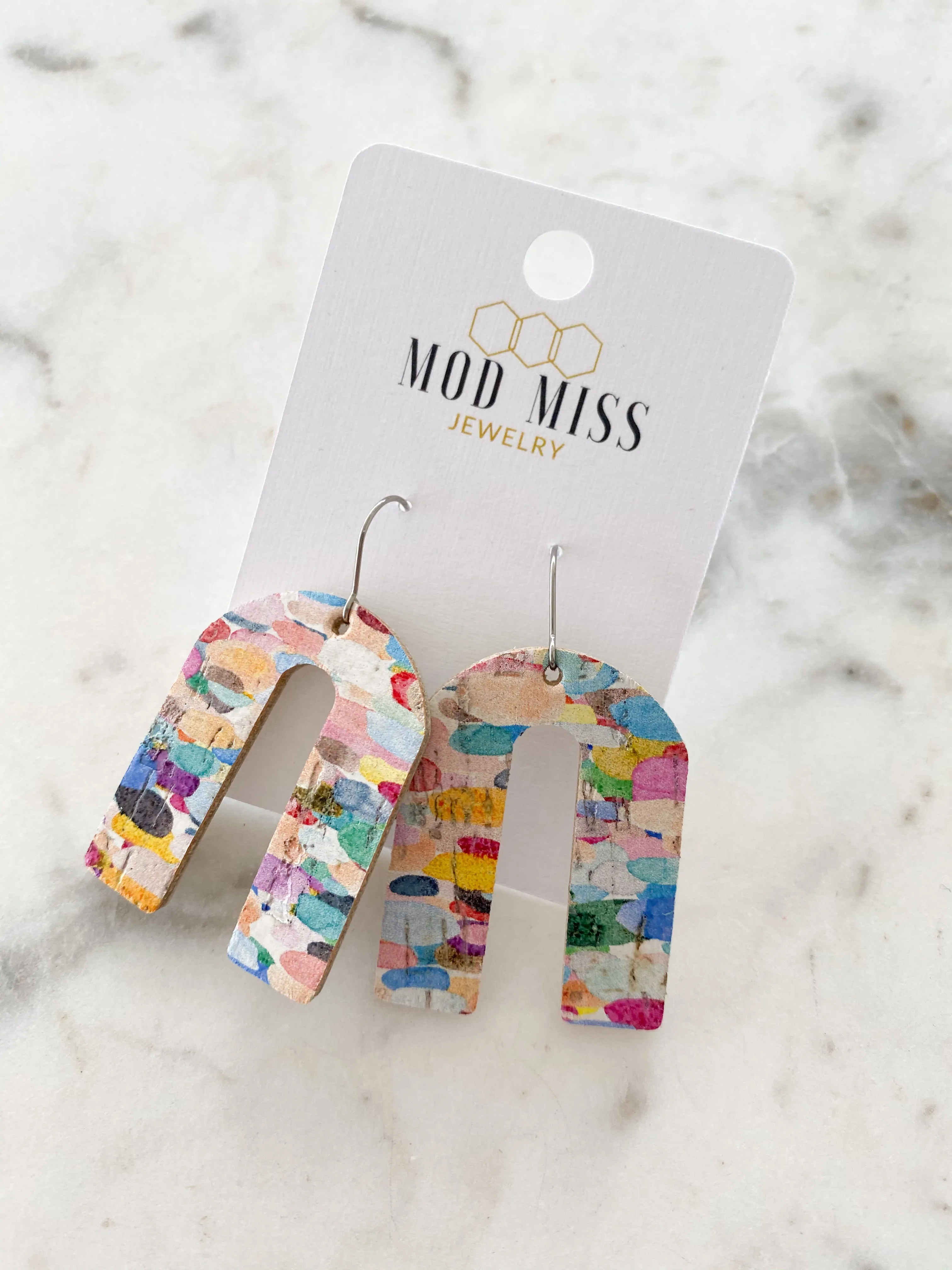 Cork Leather Arch Earring Confetti Rainbow