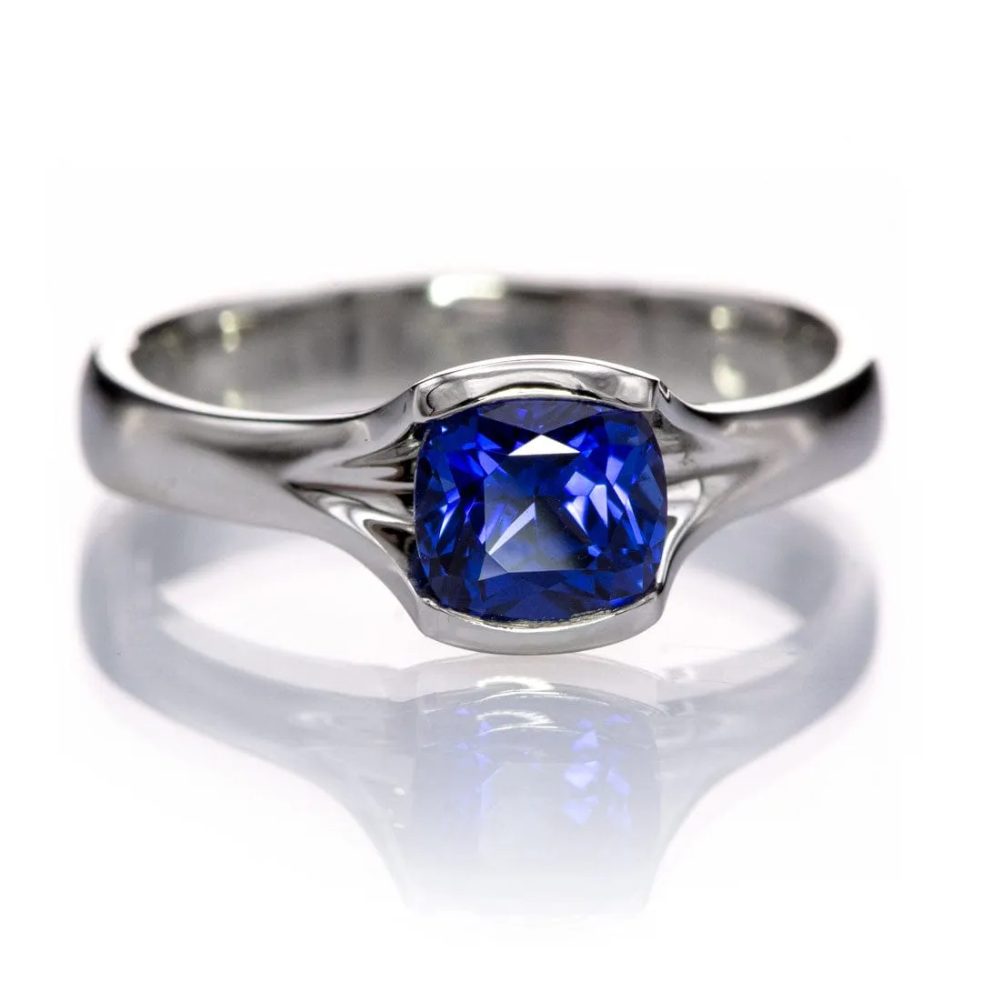 Cushion Cut Blue Sapphire Fold Solitaire Engagement Ring