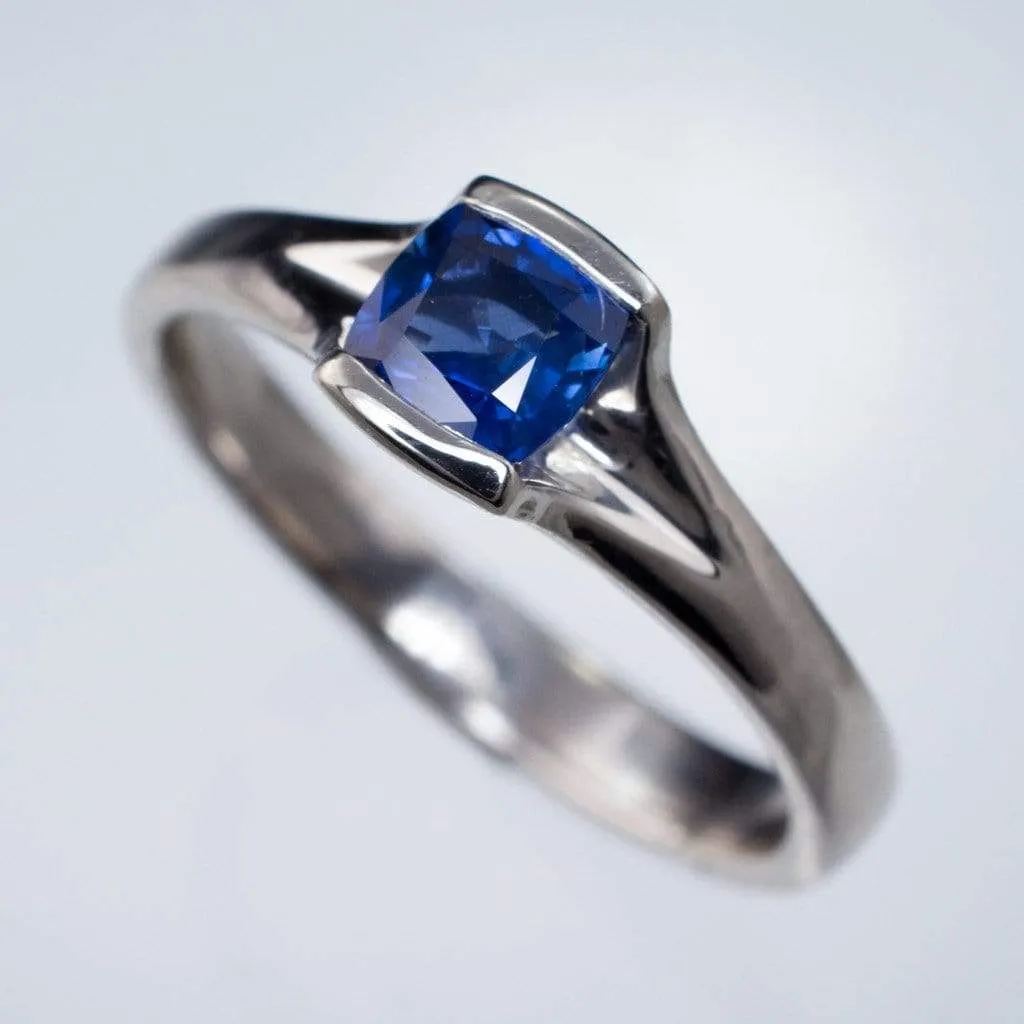 Cushion Cut Blue Sapphire Fold Solitaire Engagement Ring