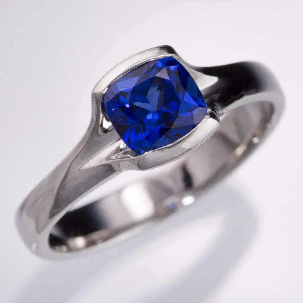 Cushion Cut Blue Sapphire Fold Solitaire Engagement Ring