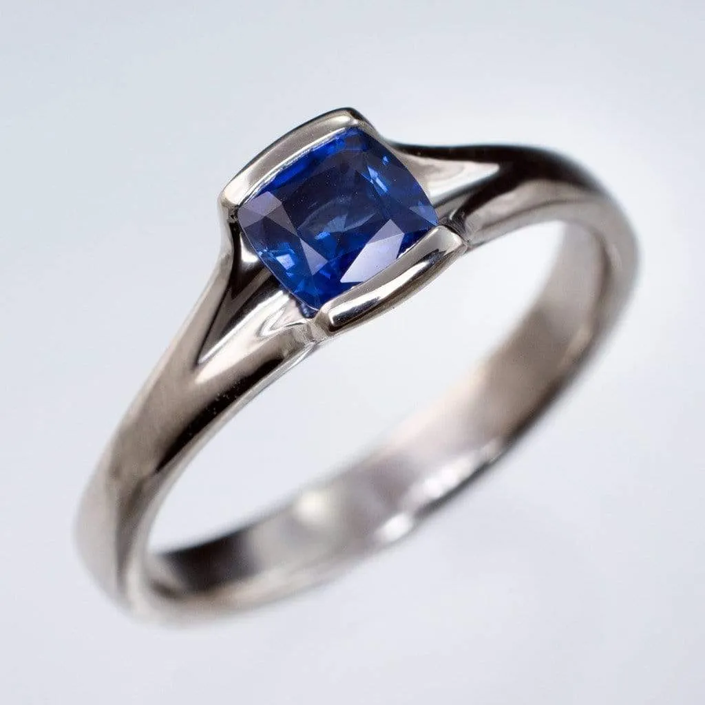 Cushion Cut Blue Sapphire Fold Solitaire Engagement Ring