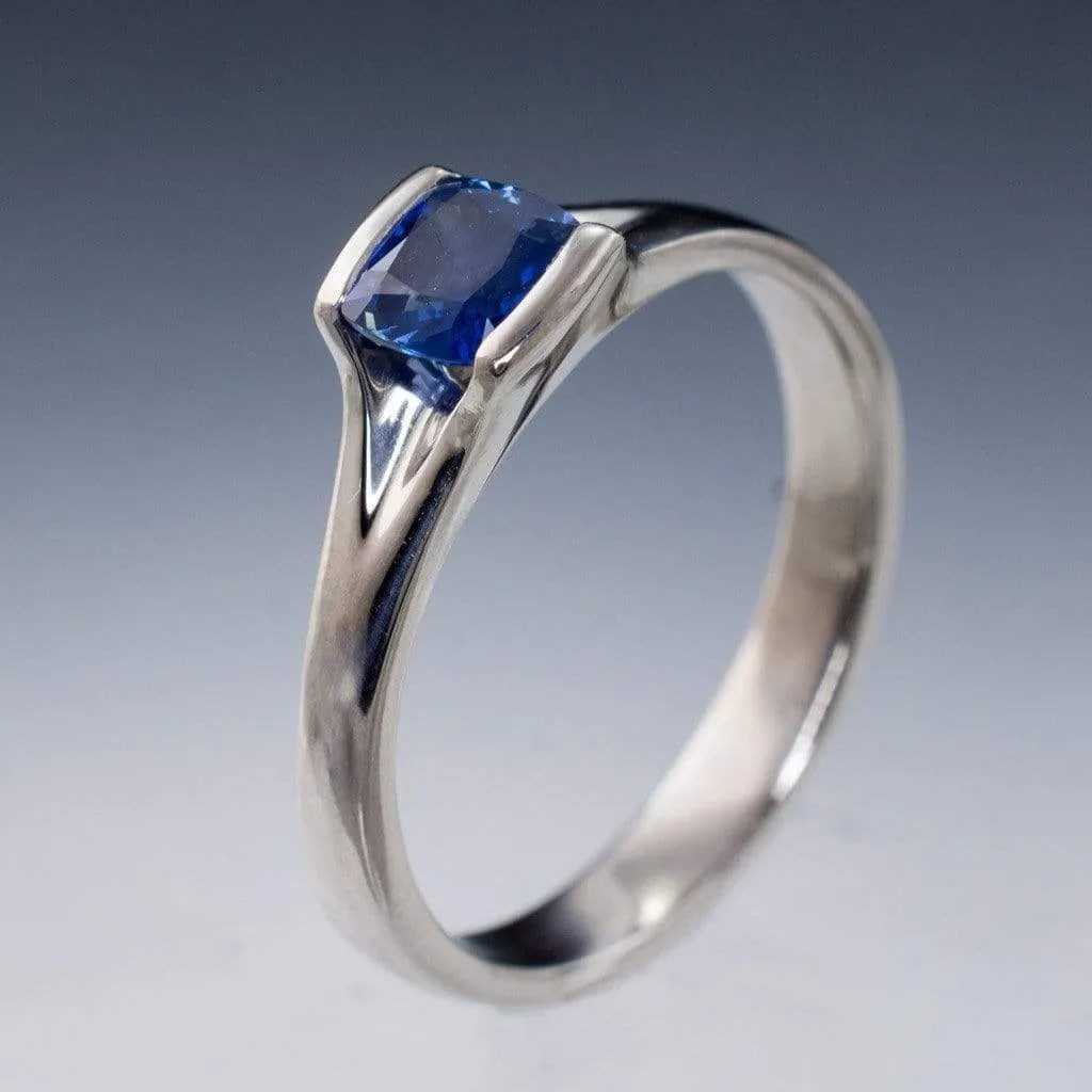 Cushion Cut Blue Sapphire Fold Solitaire Engagement Ring