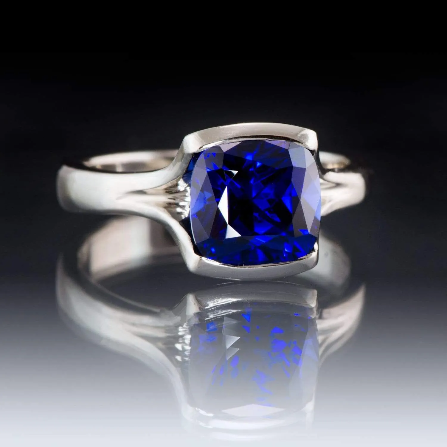 Cushion Cut Blue Sapphire Fold Solitaire Engagement Ring