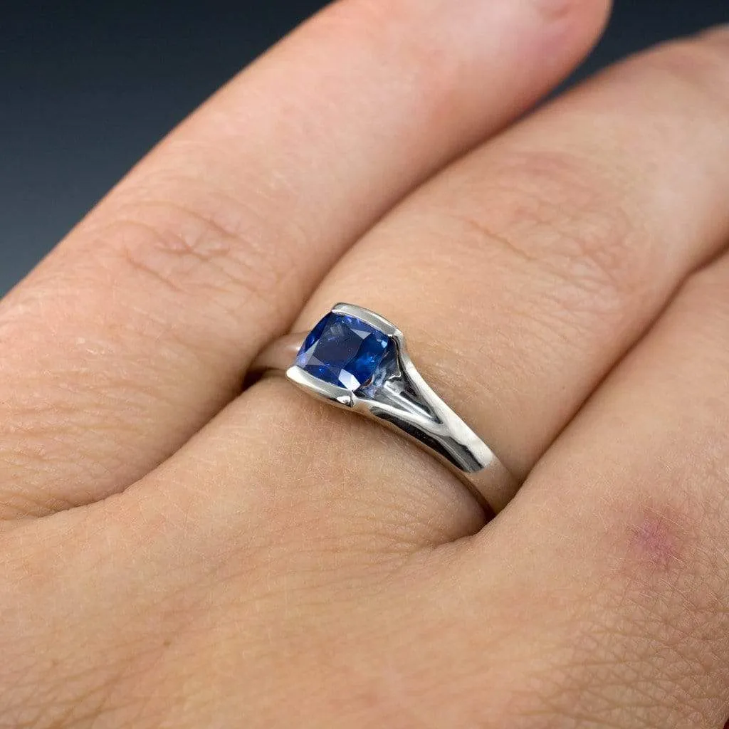 Cushion Cut Blue Sapphire Fold Solitaire Engagement Ring