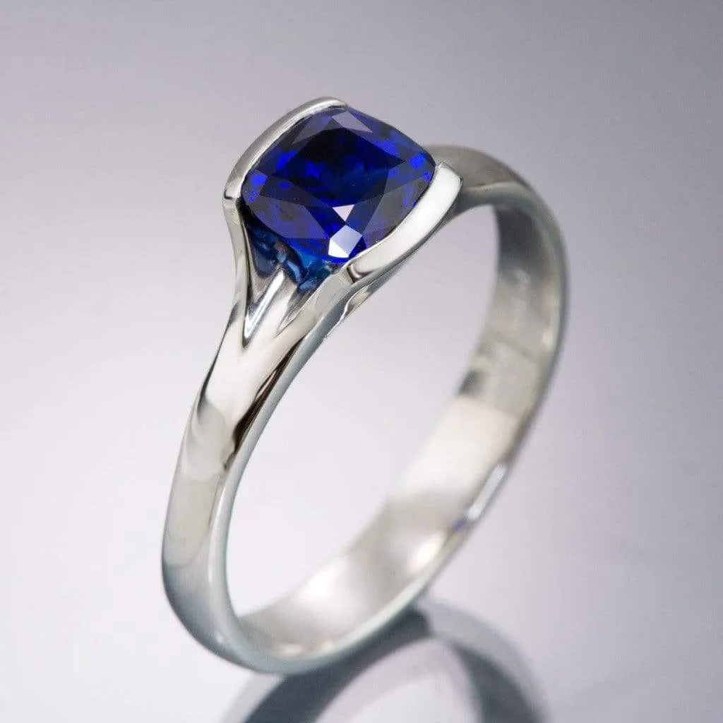 Cushion Cut Blue Sapphire Fold Solitaire Engagement Ring