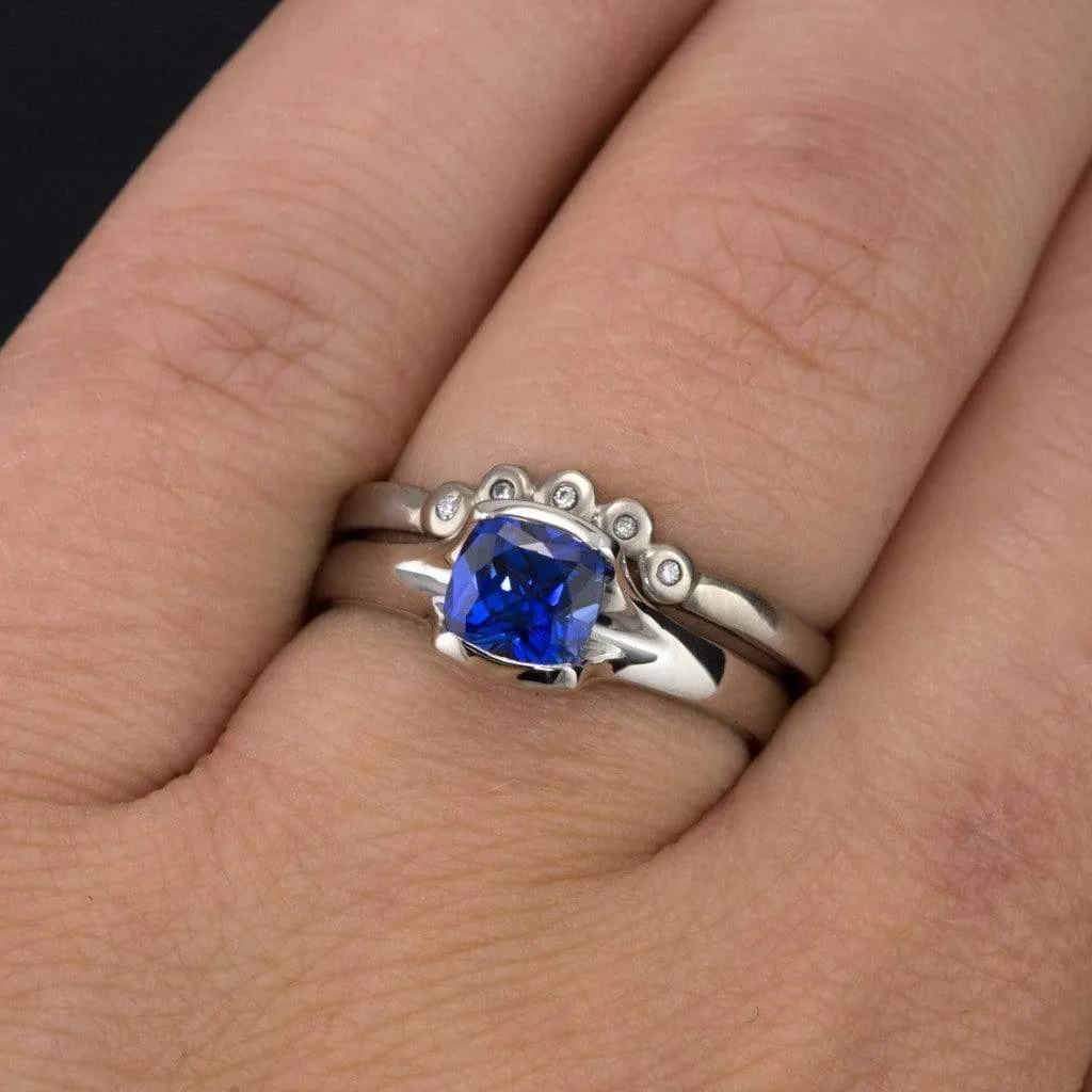 Cushion Cut Blue Sapphire Fold Solitaire Engagement Ring