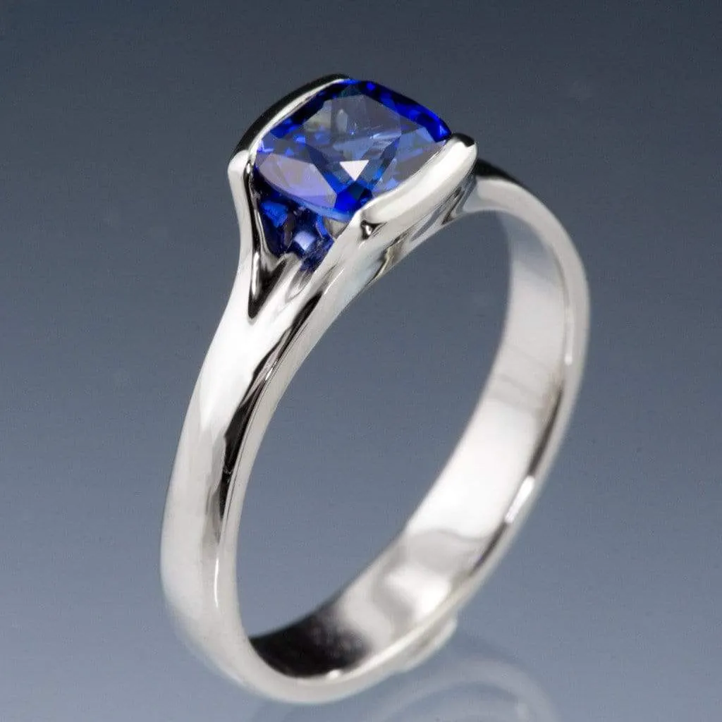 Cushion Cut Blue Sapphire Fold Solitaire Engagement Ring