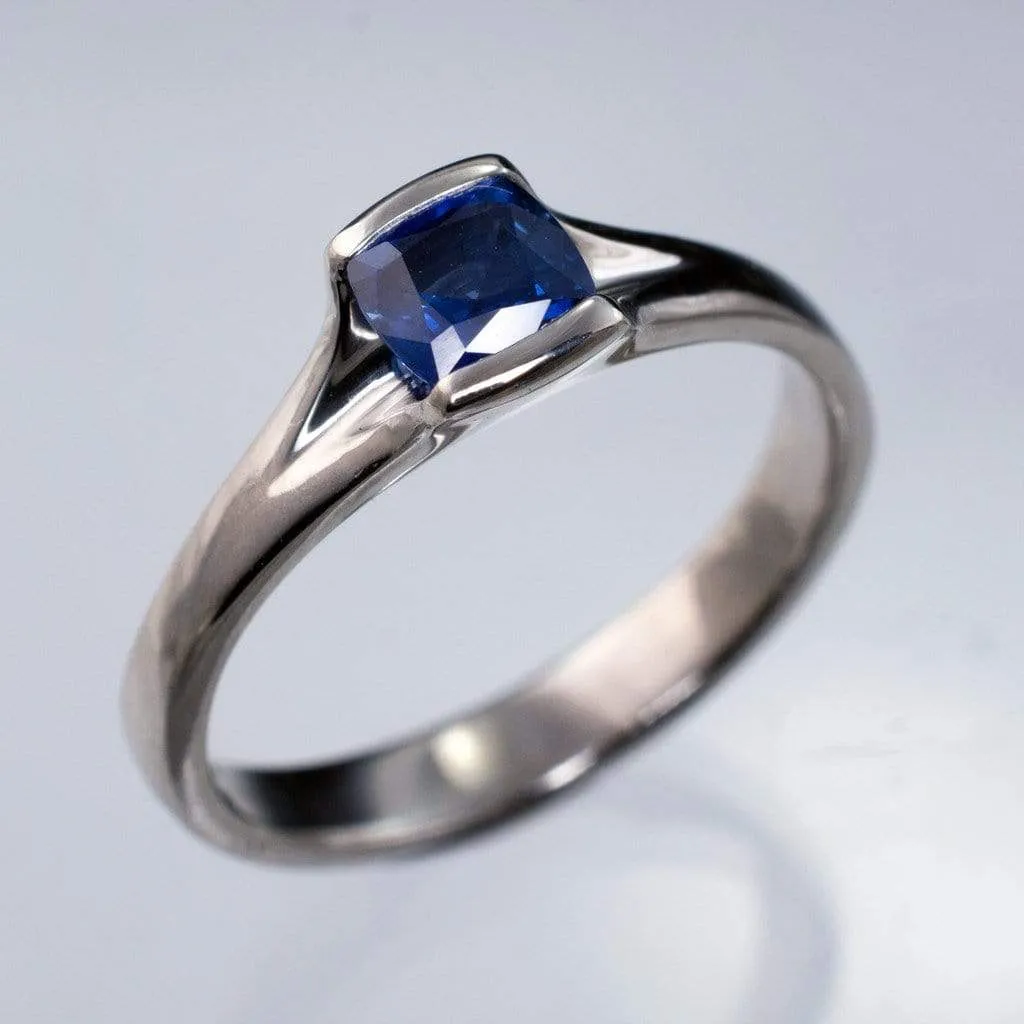 Cushion Cut Blue Sapphire Fold Solitaire Engagement Ring