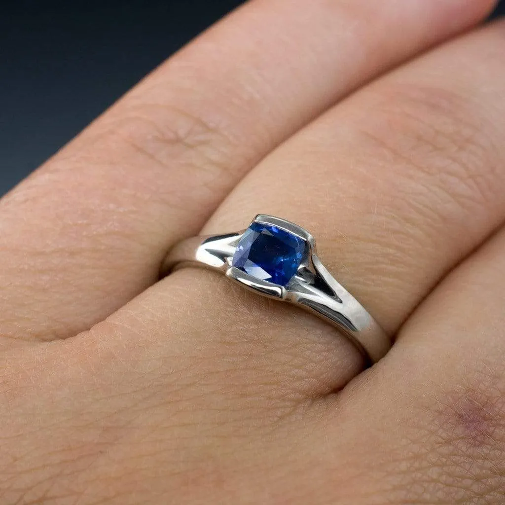 Cushion Cut Blue Sapphire Fold Solitaire Engagement Ring