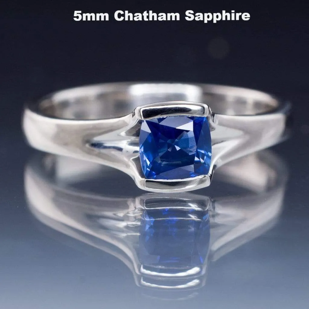 Cushion Cut Blue Sapphire Fold Solitaire Engagement Ring