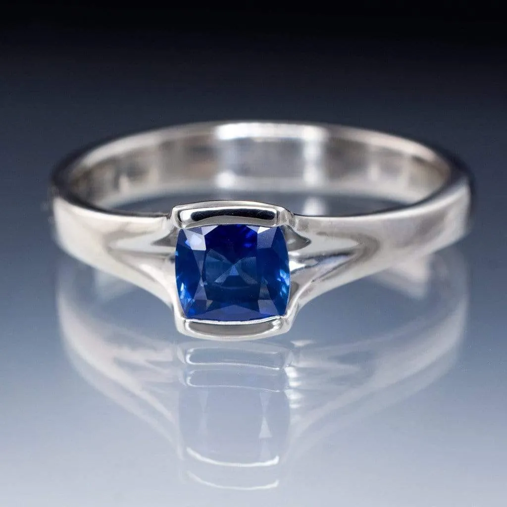 Cushion Cut Blue Sapphire Fold Solitaire Engagement Ring