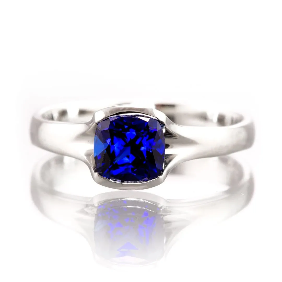 Cushion Cut Blue Sapphire Fold Solitaire Engagement Ring