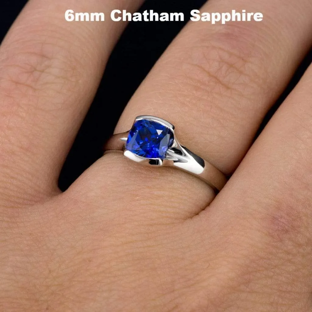 Cushion Cut Blue Sapphire Fold Solitaire Engagement Ring