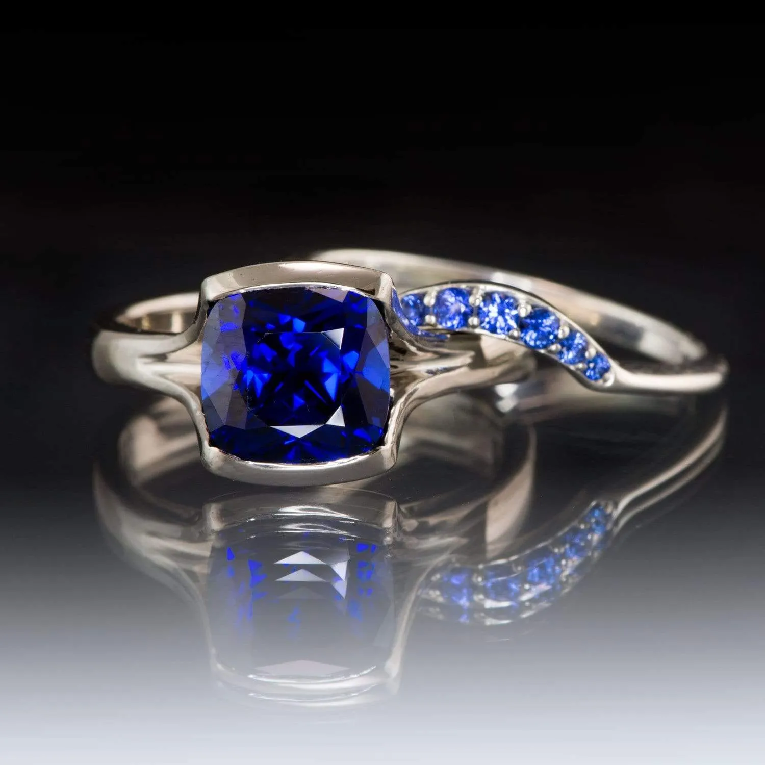 Cushion Cut Blue Sapphire Fold Solitaire Engagement Ring