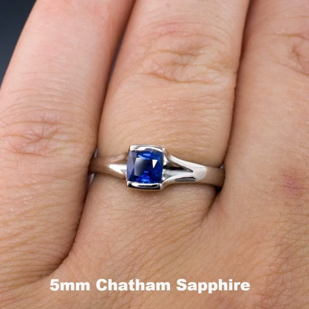 Cushion Cut Blue Sapphire Fold Solitaire Engagement Ring