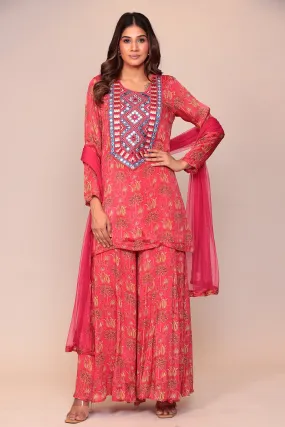 Digital Print Georgette Straight Kurta Set with Mirror and Thread work.