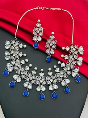 Elite Premium Blue Kundan Studded Oxidized Silver Necklace Set With Earrings