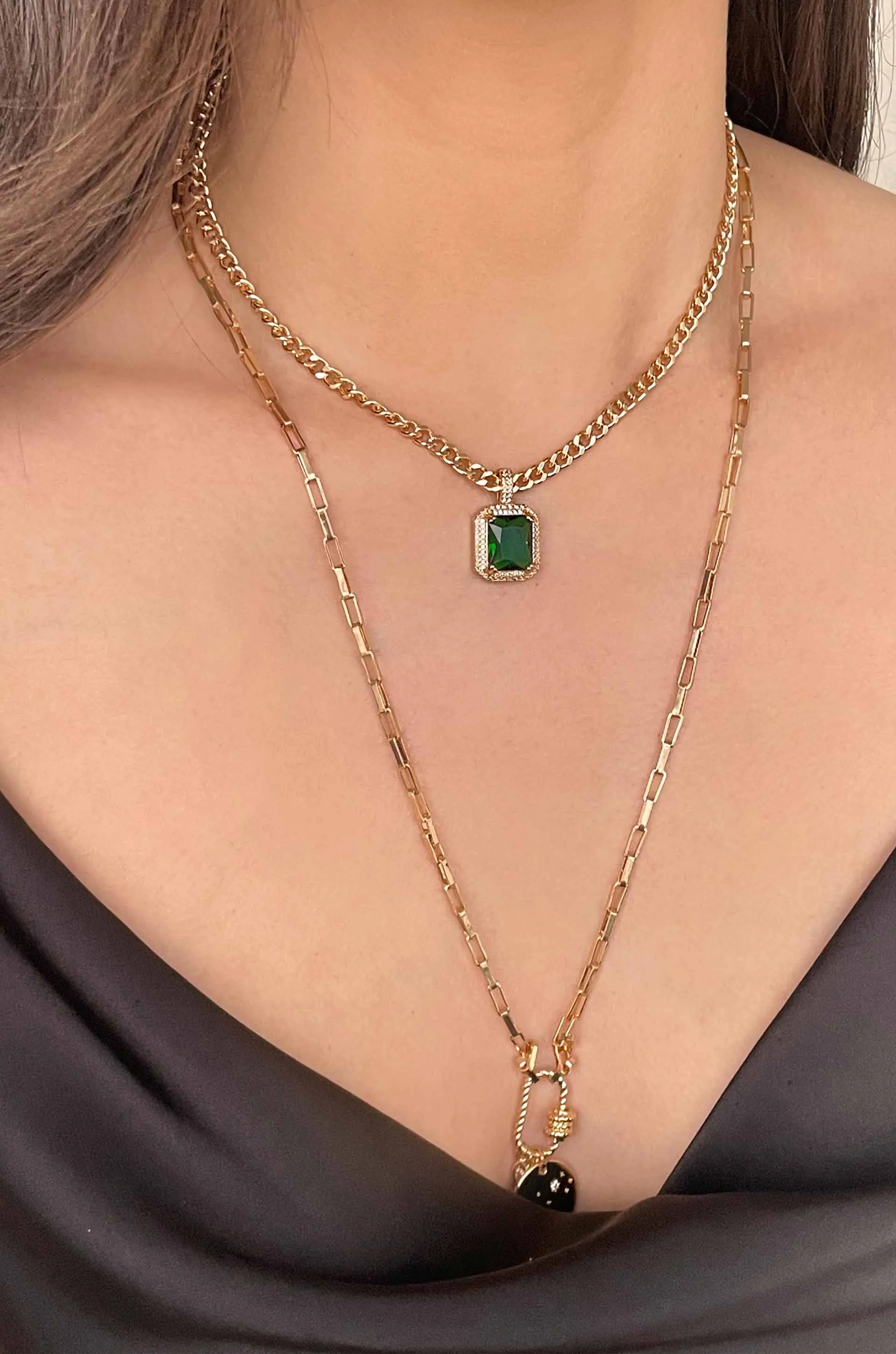 Emerald Stone Pendant 18k Gold Plated Link Necklace