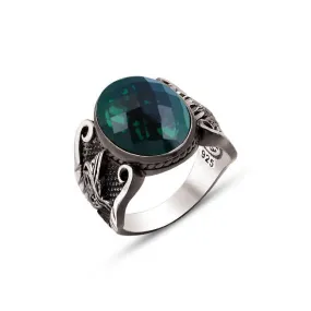 Facet Cut Green Zircon Stone Small Ellipse Silver Men’s Ring Siding Silver Ottoman Tughra