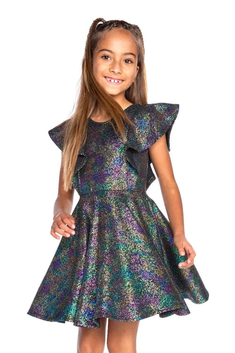 Flutter Pocket Skater Dress - Black Rainbow Foil