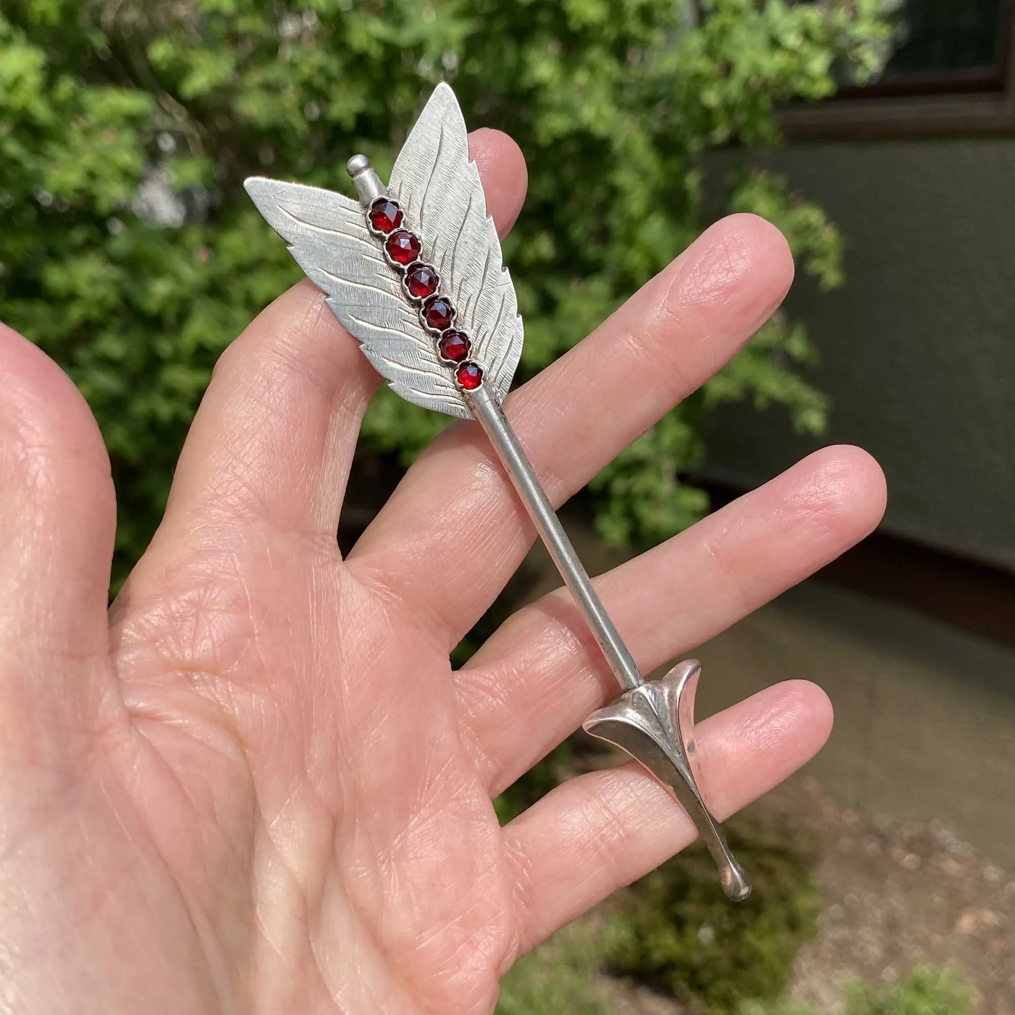 Huge Antique Silver Bohemian Garnet Arrow Brooch