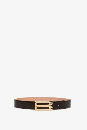 Jumbo Frame Belt In Chocolate Croc-Effect Leather