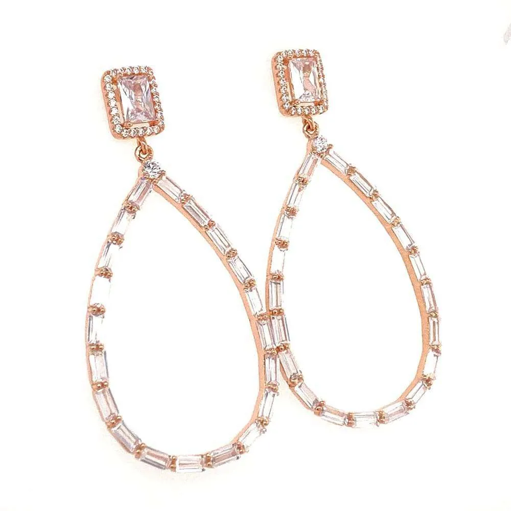 Large Open Teardrop Earring With Baguette Border and Rectangle Stud